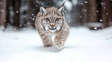 Lynx running through snowy forestの素材