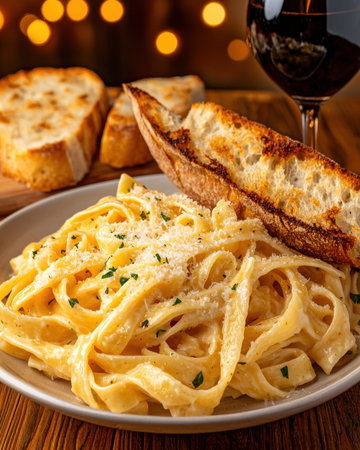 Creamy pasta with parmesan cheese and toasted breadの素材