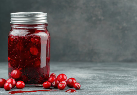 Homemade cranberry sauce in a glass jar with fresh cranberriesの素材