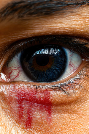 Close-up of a human eye with a red mark under itの素材
