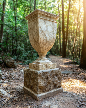 Ornate stone urn on pedestal in forest settingの素材
