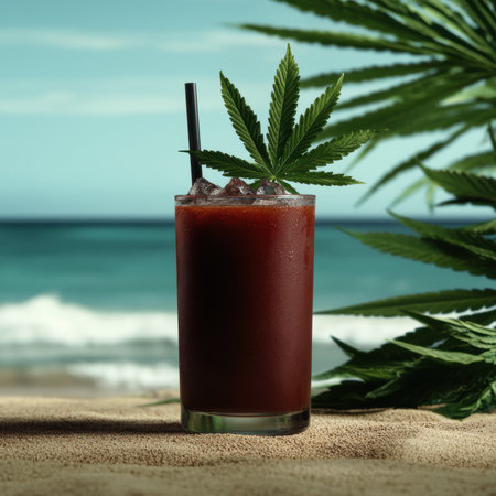 Cannabis infused bloody mary cocktail on beachの素材