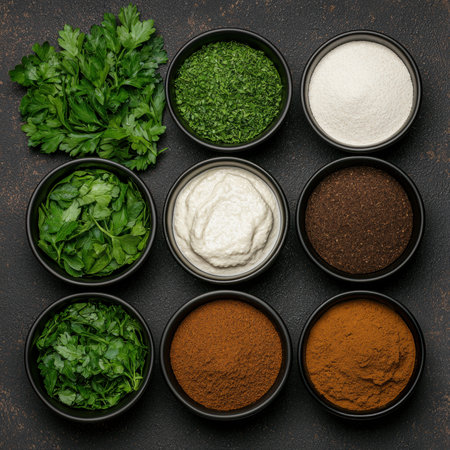 Overhead view of various spices and herbs in bowlsの素材