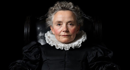Elegant older woman in a black dress and white collar sitting in a chairの素材