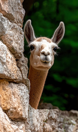 Curious llama peeking from a stone wallの素材