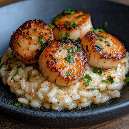 Seared scallops over creamy risottoの素材