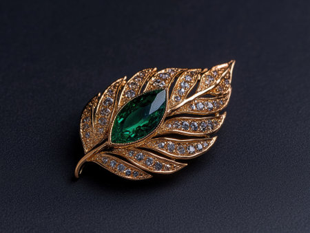 Luxury gold feather brooch with green gemstone and diamondsの素材