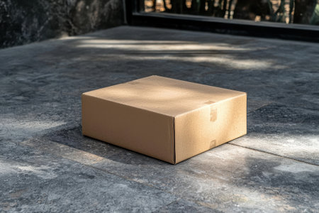 Brown cardboard box on gray stone floorの素材
