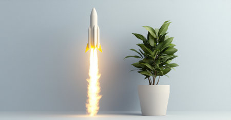 Rocket launching next to a potted plantの素材