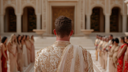 Groom in traditional wedding attire stands facing bridesmaids and groomsmenの素材