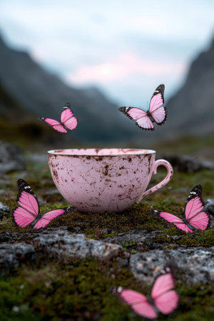 Pink butterflies flutter around a rustic pink teacup on a mossy rockの素材