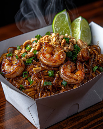 Delicious Pad Thai with Shrimp in a Takeout Containerの素材