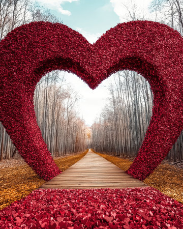 Heart-shaped archway in autumn forest pathの素材