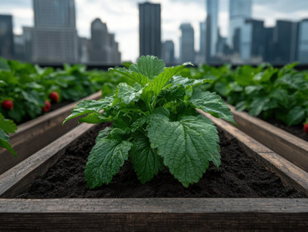 Urban rooftop garden with lush plants and city skyline in the backgroundの素材
