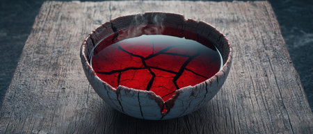 Cracked bowl with red liquid insideの素材
