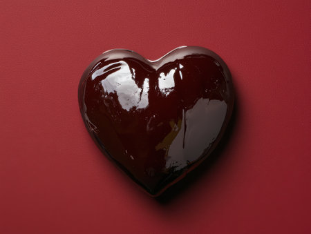 Heart-shaped chocolate candy on red backgroundの素材
