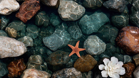 Starfish and white flower on smooth rocks in clear waterの素材