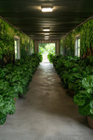 Indoor plant nursery with rows of potted plantsの素材