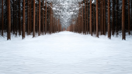 Snowy path through a dense pine forestの素材