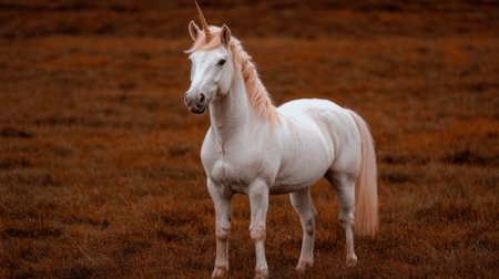 Majestic white unicorn standing in a fieldの素材