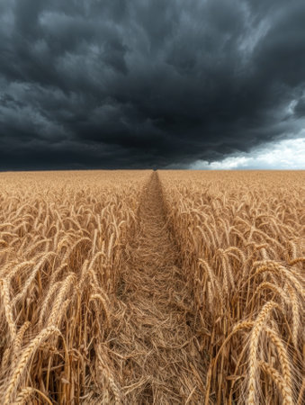 Wheat field path under a dramatic storm skyの素材