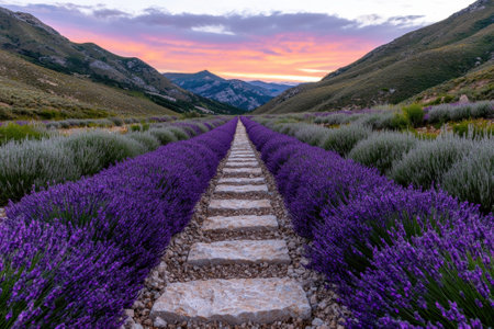 Stone path through lavender fields at sunsetの素材