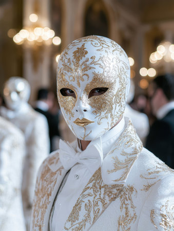 Elegant man in white mask and tuxedo at a masquerade ballの素材