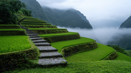 Stone steps leading through vibrant green rice terracesの素材