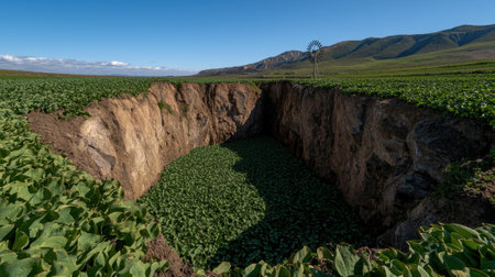 Dramatic landscape of a large sinkhole filled with vegetationの素材