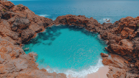 Secluded turquoise cove nestled between dramatic red rocksの素材