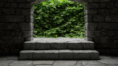 Stone steps leading to an overgrown archwayの素材