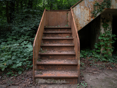 Rusty metal staircase overgrown with ivy in the woodsの素材