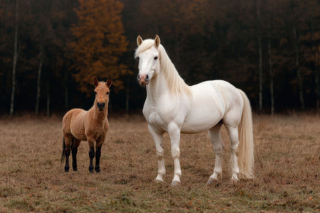 White horse and brown foal standing in a fieldの素材