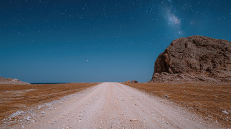 Gravel road leading to a rocky outcrop under a starry night skyの素材
