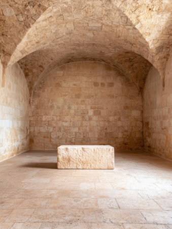 Empty stone room with arched ceiling and single blockの素材