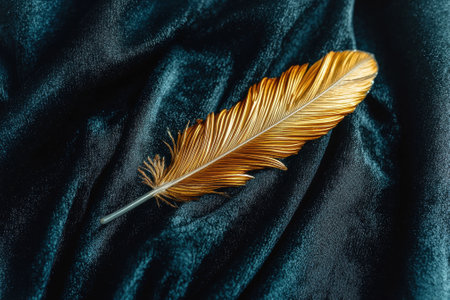 A golden feather resting on dark blue velvet fabric.の素材