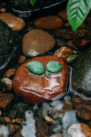 Two small leaves on a rock in a stream.の素材