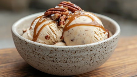Delicious ice cream with caramel and pecans in a bowl.の素材