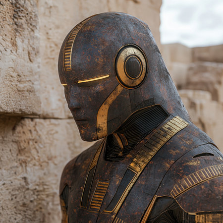 Ancient robot guardian standing watch near weathered stone wall.の素材