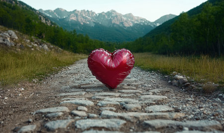 Heart-shaped balloon on a stone path in a mountain landscape.の素材