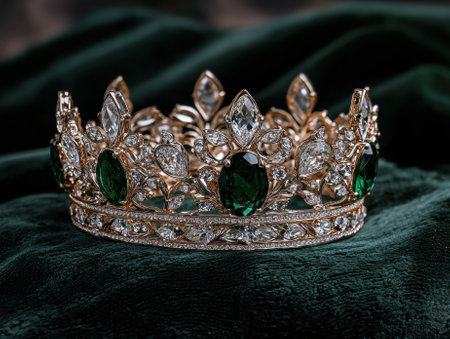 Elegant gold crown with emerald and diamond gemstones on a dark green velvet background.の素材