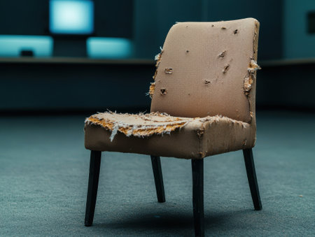 An old, tattered chair sits alone in a room.の素材