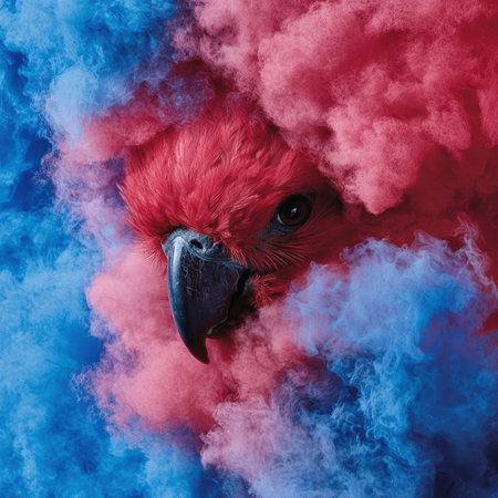 A vibrant red parrot emerges from a cloud of red and blue smoke.の素材