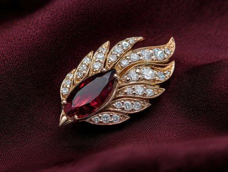 Elegant gold brooch with ruby and diamonds on burgundy fabric.の素材