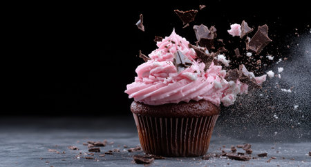 A chocolate cupcake with pink frosting and chocolate shavings.の素材