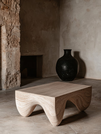 Minimalist interior with stone table and vase.の素材