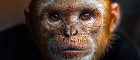 Close-up portrait of a chimpanzee face with detailed features.の素材
