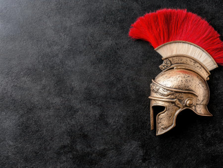 A spartan helmet with a red plume on a dark background.の素材