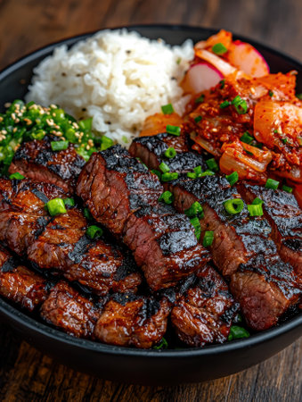 Delicious Korean BBQ beef bowl with rice, kimchi, and scallions.の素材