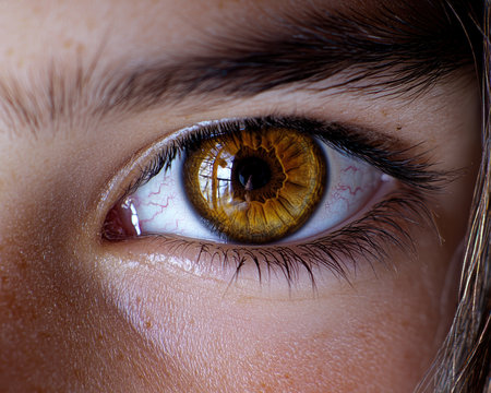 Close-up of a human eye with a golden iris.の素材
